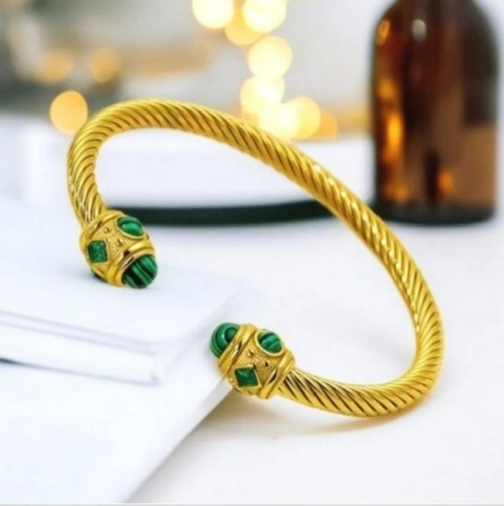 18k Gold Plated Twisted Cable Malachite & Crystal Cuff Bangle Bracelet
